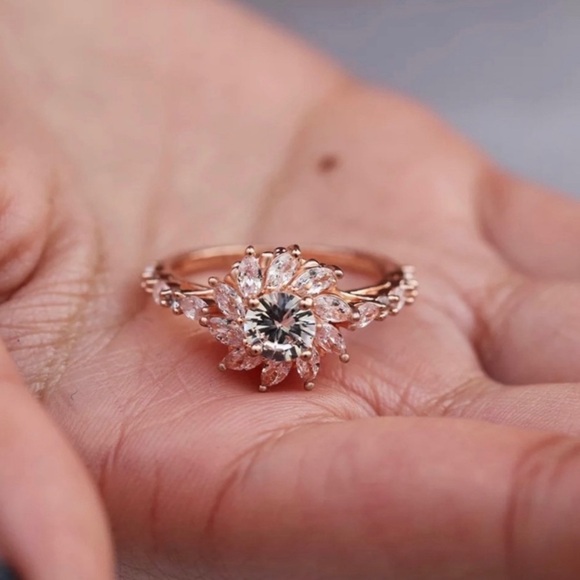 18K Rose Gold Plated Flower Ring – Simulated Diamond Cluster - Picture 3 of 4